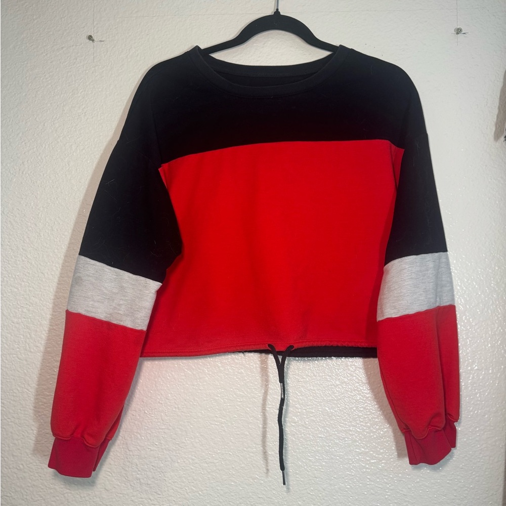 Colorblock Cropped Sweatshirt - Red, Black & Gray